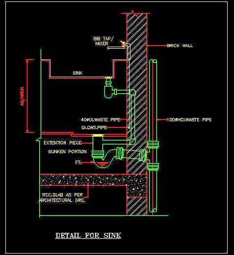 Sink Installation & Plumbing CAD Details- Floor Trap, Pipes, & Mixer